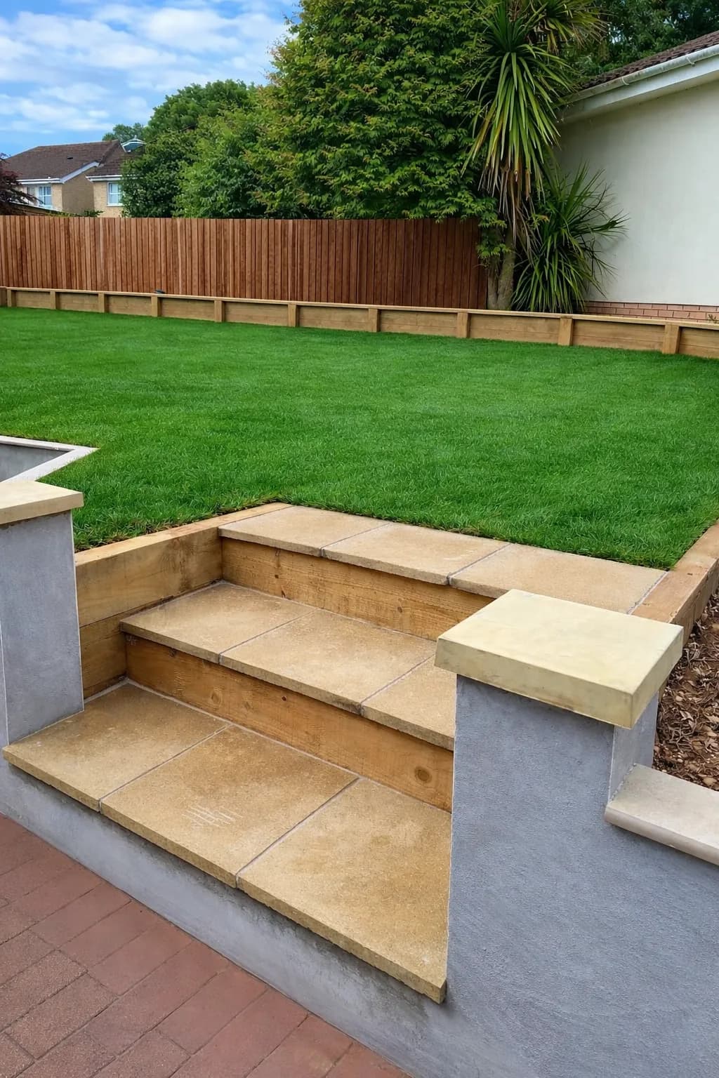 Close-up of new garden steps and rendered retaining walls forming a clean, modern layout in Cwmbran.