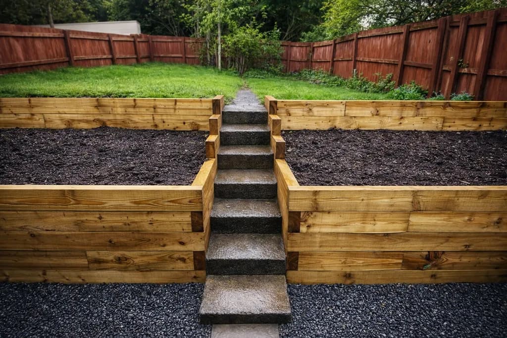 Timber sleeper retaining walls creating raised garden levels with a clean gravelled surface in front.