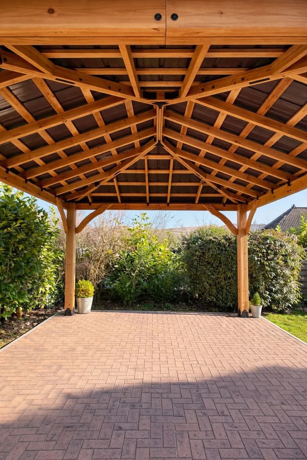 Close-up of cedar gazebo posts and roof detailing above a clean block-paving surface.