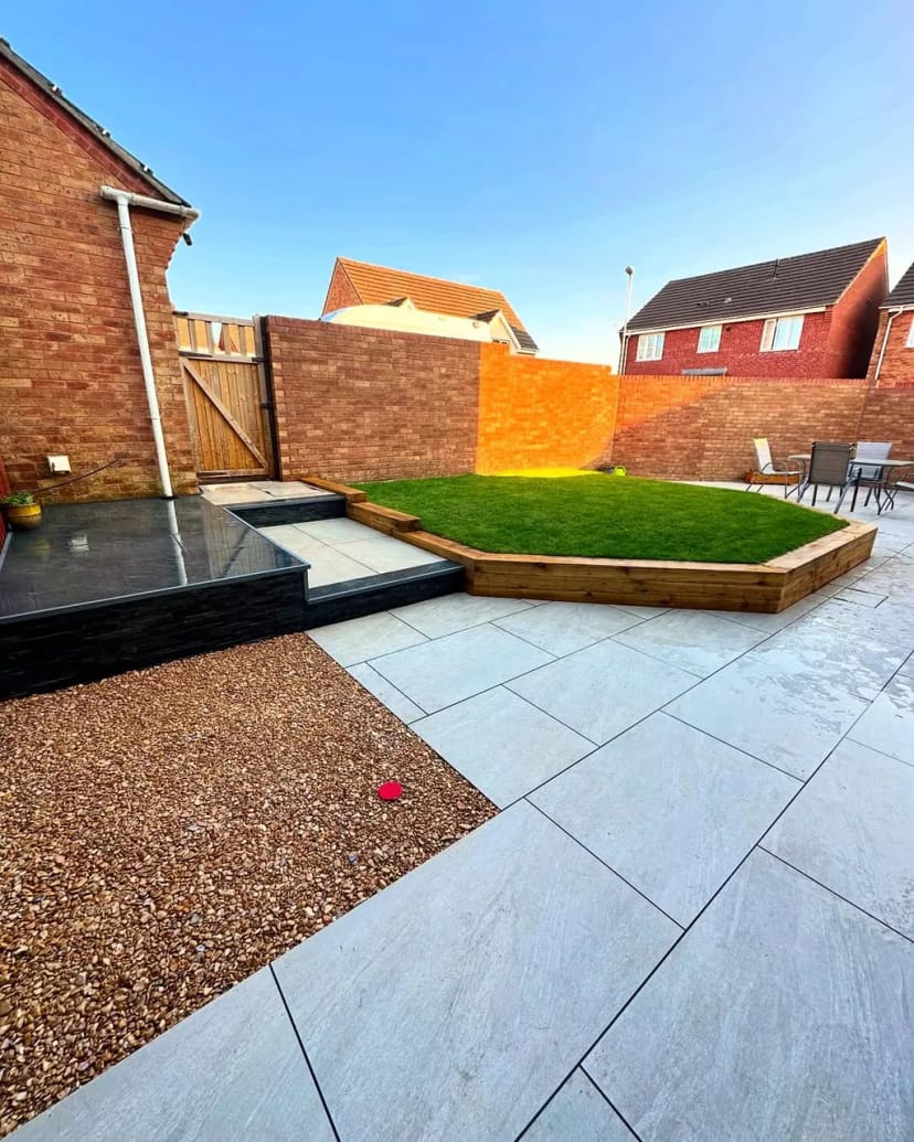 Full garden renovation using contrasting porcelain slabs