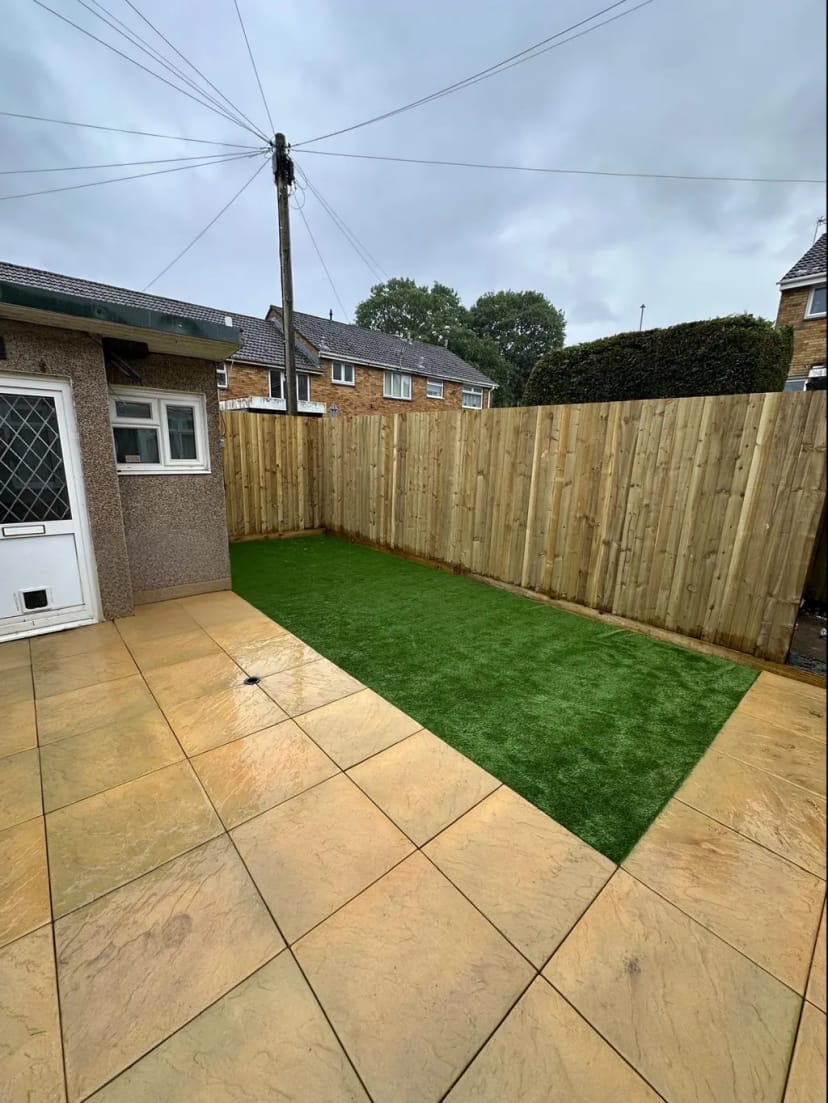 New patio, artificial grass and fencing