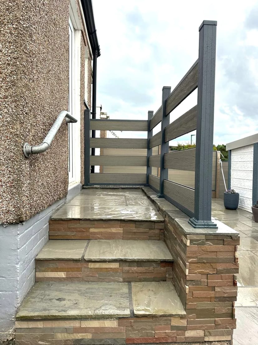 Split face clad steps with composite railing